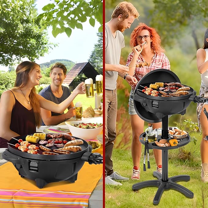 Electric Grill Outdoor/Indoor,Portable BBQ Grill with Nonstick Surface,200 Square Inches Indoor Electric Barburcue Grill with Adjustable Heat,Stand/Tabletop,for Patio/Yard/Home(Black)