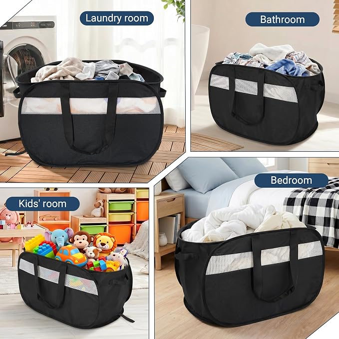 100L Collapsible Laundry Baskets, Foldable Dual Handle Laundry Hamper Black | - Image 7