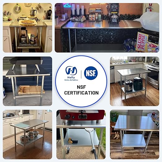 Hally Stainless Steel Table for Prep & Work 30 x 15 Inches, NSF Commercial Heavy Duty Table with Undershelf and Galvanized Legs for Restaurant, Home and Hotel