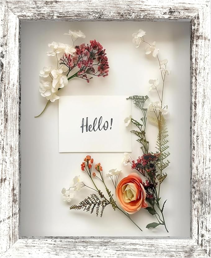 FrameWorks 8x10 Driftwood Wooden Shadow Box Frame – Soft Felt Back, Tempered Glass, and Included Elegant White Ball Push Pins