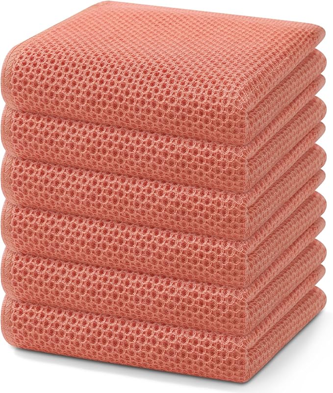 Homaxy 100% Cotton Waffle Weave Kitchen Dish Towels 6-Pack, Coral | 13 x 28 by Homaxy