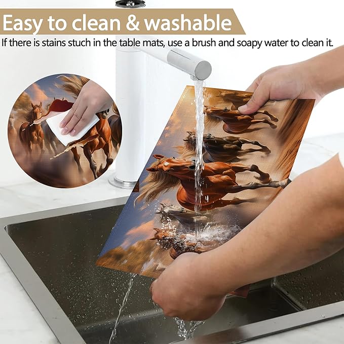 12x18 Inch Running Herd Horse Placemats Set of 6 - Waterproof, Non-Slip & Washable Summer Fall Placemats for Kitchen & Dining Table Placemats