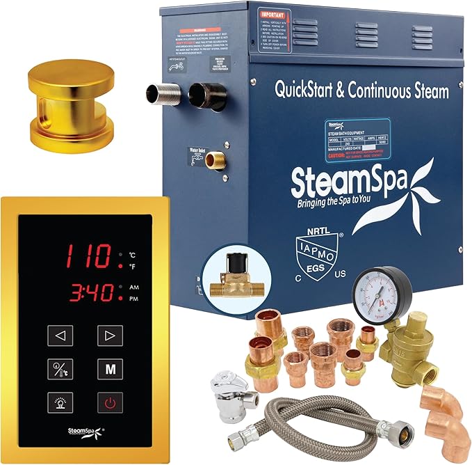 SteamSpa Premium 6 KW QuickStart Acu-Steam Bath Generator Package with Built-in Auto Drain in Polished Gold Finish|Touch Panel Control System|PRT600GD-A