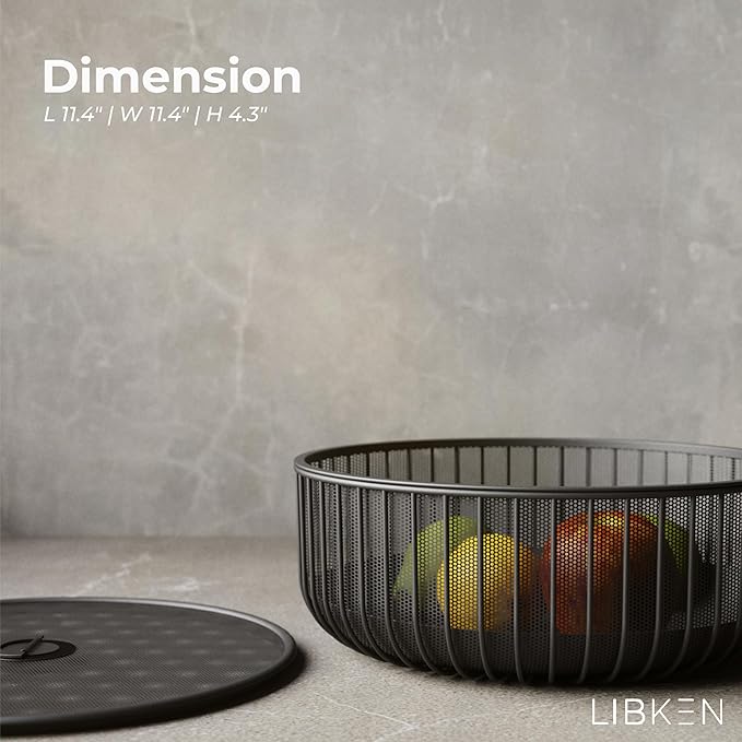 Metal Fruit Bowl with Mesh Lid and Basket - Fruit and Vegetable Holder For Kitchen Counter - Countertop Display Baskets Organizer - Bowl Storage for Veggie, Fruits, Snack, and Banana - Black