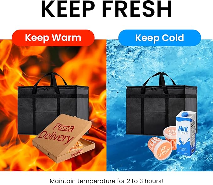 NZ home Insulated Bags for Food Delivery (XL Plus) Grocery Shopping Cooler Bag, Pizza Delivery, Hot & Cold Catering Tote, Reusable, Foldable & Heavy Duty (2 Pack, Blue)
