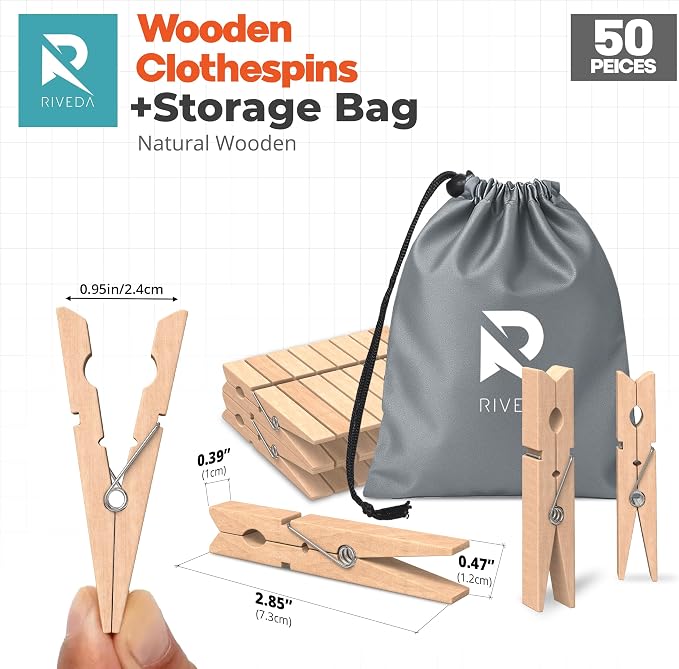 50pcs Wooden Clothes Pins with Storage Bag, 2.9 Inch Natural Wood Clothespins - Image 3