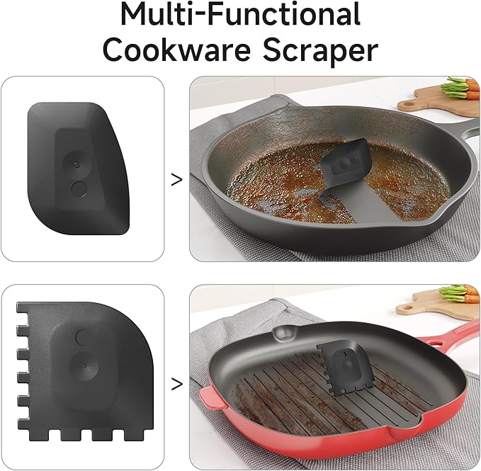 SUBEKYU Cast Iron Scrubber with Silicone Handle, Stainless Steel Skillet Cleaner for Cast Iron Pans (Pink Scrubber + Scraper)