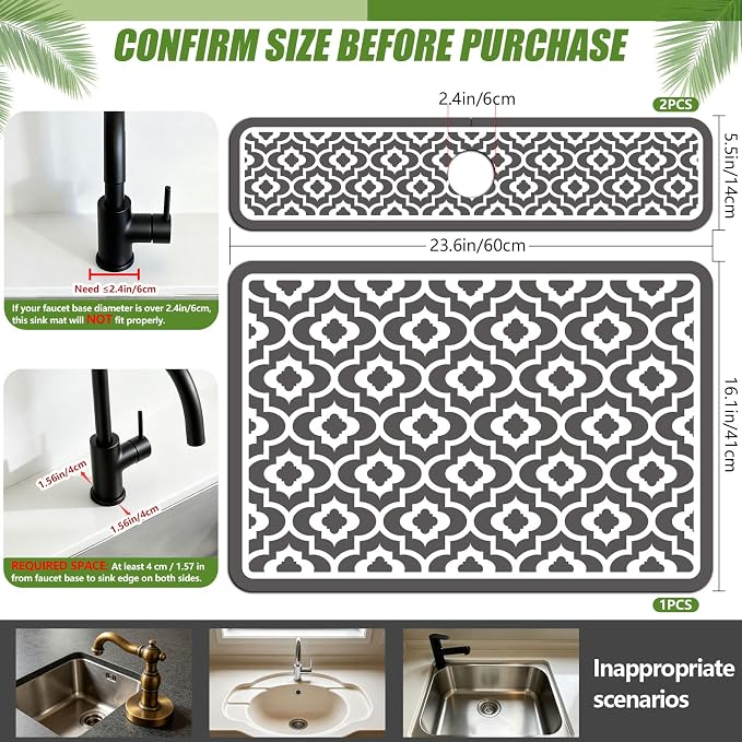 3 Pcs 2 Size Kitchen Sink Splash Guard Faucet Mat Simple Gray Plaid Pattern - Image 2