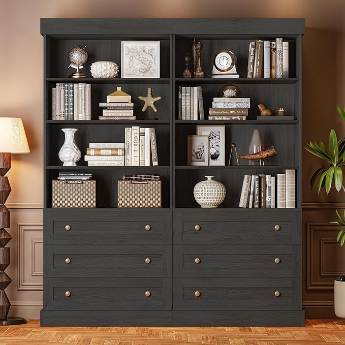 Vyre 71" Tall Farmhouse Kitchen Pantry, Set of 3 Large Storage Cabinets with 3 Drawers, Adjustable Shelves, Wood Versatile Hutch Cabinet for Living Room, Dining Room, Black