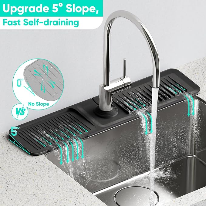 24 Inch Longer Faucet Mat for Kitchen Sink, 5° Slope Fast Self-draining - Image 2