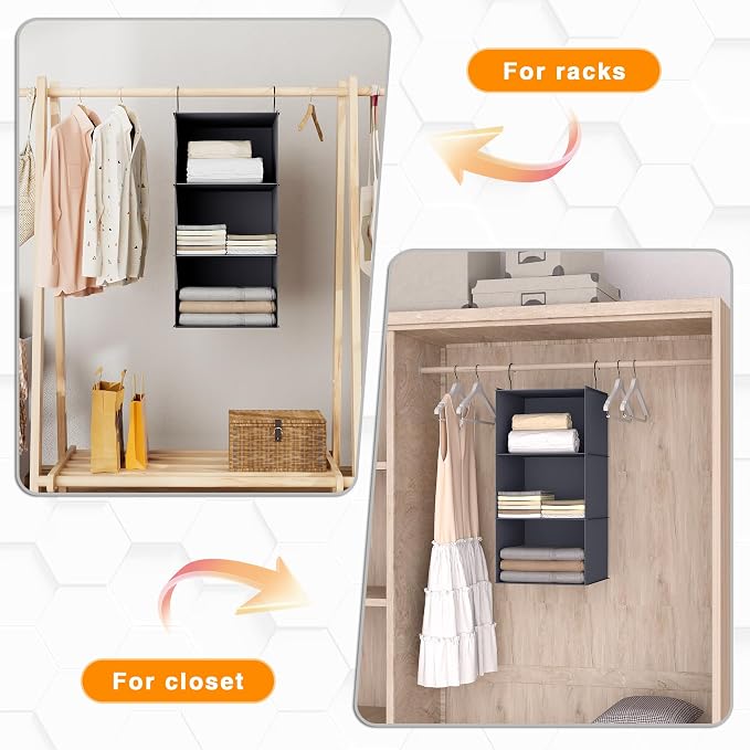Hanging Closet Organizer 3-Shelf, Oxford Fabric Wardrobe Storage, Dark Gray | - Image 5