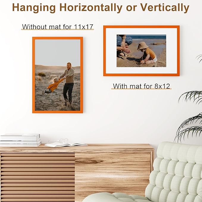 Vittanly 11x17 Picture Frame, Solid Wood Frame with Plexiglass, Includes 8x12 Mat, Wall Hanging for Photos, Home Decor, Orange, 1 Pack