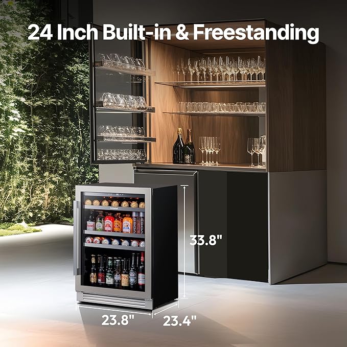Ca'Lefort 24 Inch Beverage Refrigerator - 180 Can Beverage Fridge with 34°-54°F, Built in or Freestanding Beverage Cooler with Glass Door and 3 LED, Drink Fridge for Home/Kitchen(5.65 cu.ft)