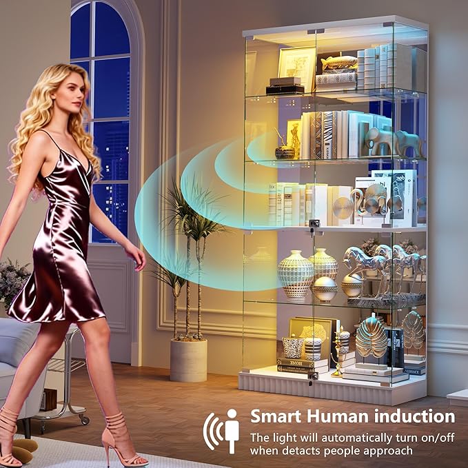 Glass Display Cabinet with RGB Lights - 5-Tiers Curio Cabinet Display Case with Lock, Frameless Tall Showcase Display Shelf for Collectibles & Legos, Living Room Bookcase Storage Cabinet (White)