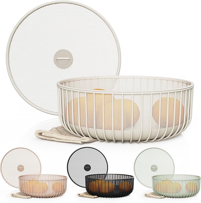Metal Fruit Bowl with Mesh Lid and Basket - Fruit and Vegetable Holder for Kitchen Counter - Versatile and Durable Storage Basket Organizer for Fruit, Veggie, Snacks - 11x11x4-Inch (Warm Gray)