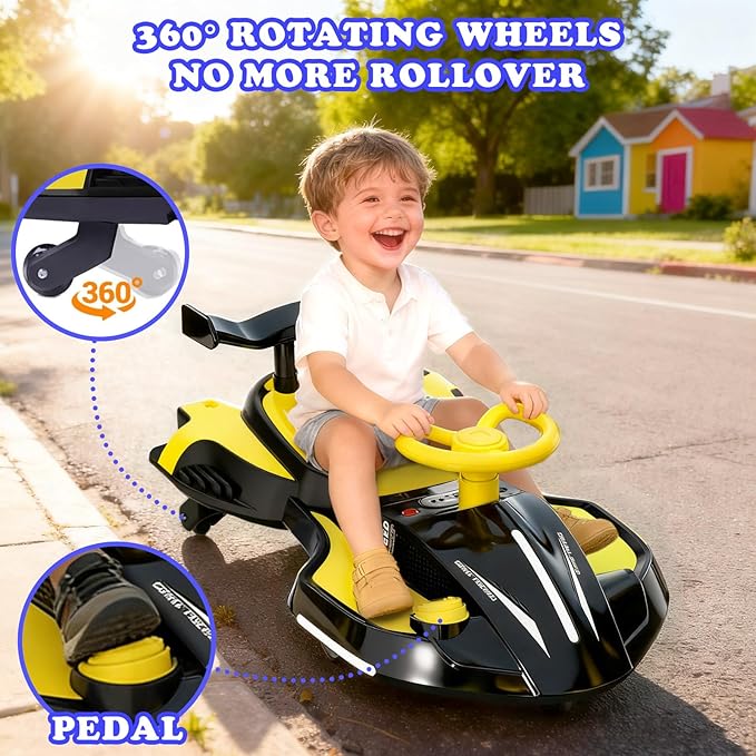 12V Electric Wiggle Car Ride On Toy, Swing Car with Pedal, for Kids from Ages 3 and Up, Birthday Gifts for Boys and Girls, Anti-Rollover, Flashing Wheels, Bluetooth (BlackYellow)