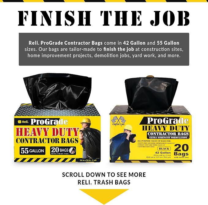 Reli. Contractor Garbage Bags 55 Gallon | Heavy Duty | 40 Trash Bags, Twist Ties - Image 7