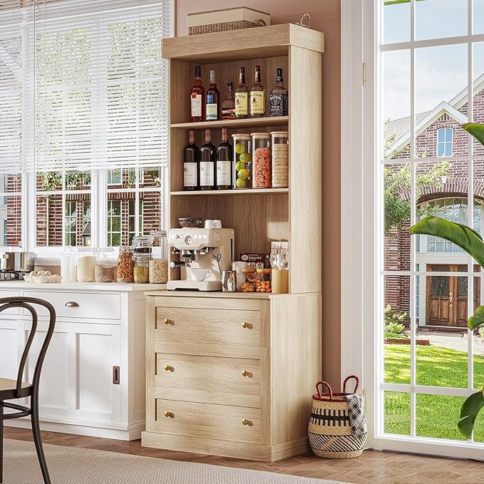 71" Tall Farmhouse Kitchen Pantry, Large Storage Cabinet with Glass Doors and Drawers, Freestanding Coffee Bar Hutch with Microwave Stand, Adjustable Shelves for Kitchen, Living Room, Brown 2 Pcs