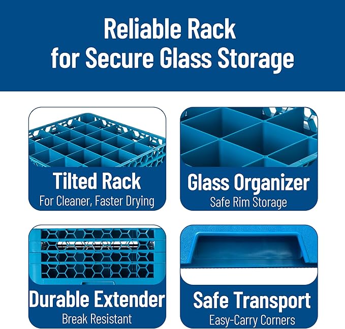 Carlisle FoodService Products OptiClean Plastic 25-Compartment Divided Glass Rack with Extender, Blue, (Pack of 3)