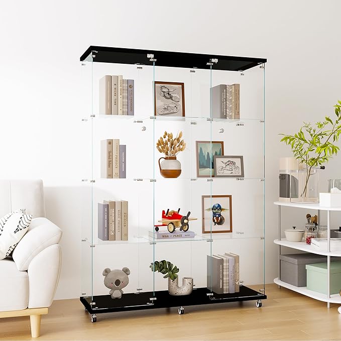 66.5" H 4-Shelf Extra Large Glass Display Cabinet with Double Doors,Modern Floor Standing Curio Cabinet Bookshelf Collection Display Case with Lockable Casters & Lock for Living Room (Black)