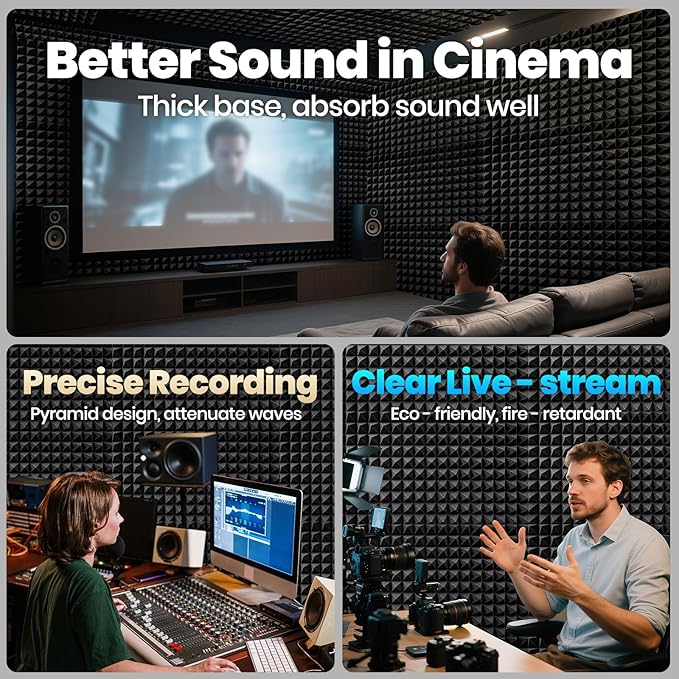 Focusound Black White Acoustic Panels 50 Pack 2"x12"x12" with 300 PCS Double-Side Adhesive - Sound Proof Pyramid Foam for Walls, Home Studio Noise Absorption & Echo Control Kit