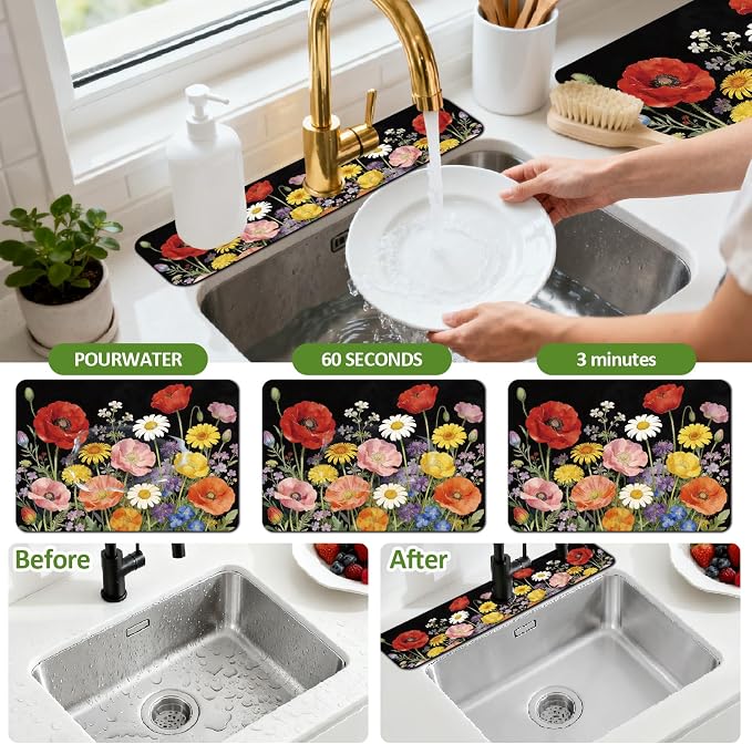 3 Pcs 2 Size Kitchen Sink Splash Guard Faucet Mat Wildflower Pattern Faucet Mats - Image 4