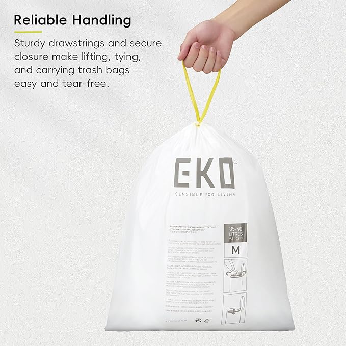 EKO 10.6 Gallon / 35–40 Liter Drawstring Trash Bags, Extra-Strong Leak-Resistant - Image 4