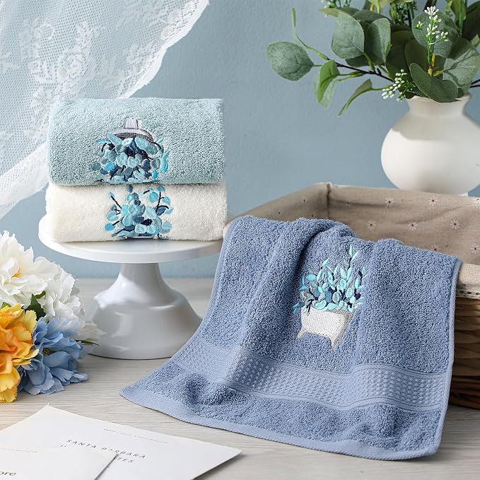 3 Pcs Blue Eucalyptus Leaves Hand Towels Botanical Bathroom Decor | Embroidered - Image 4
