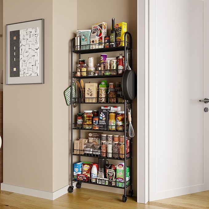 Slim Rolling Storage Cart with Wheels, Metal 6 Tier Mobile Shelving Unit Organizer Kitchen Utility Cart for Office Bathroom Kitchen Laundry Room Narrow Places (6inches)