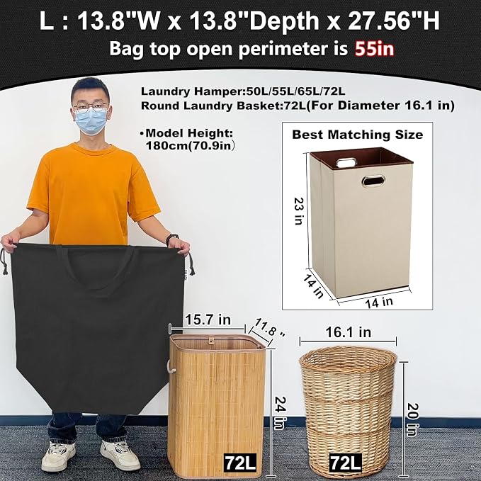 Canvas Laundry Bags with Handles & Square Base 13.8"Wx13.8"Dx27.6"H - Image 3