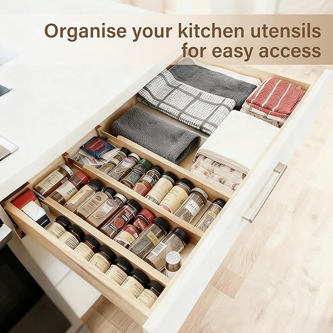 Adjustable Bamboo Drawer Dividers of 4, Expandable Organizers | Spring-Loaded - Image 4