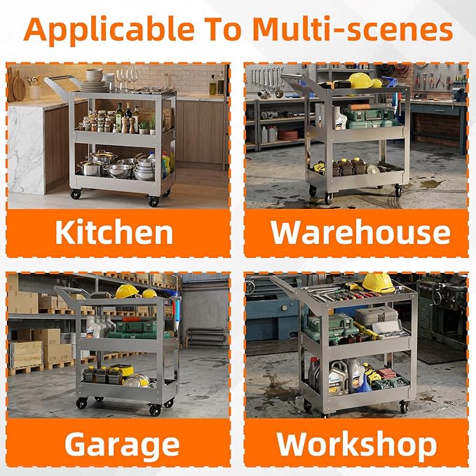 3-Tier Gauge Stainless Steel Multi-Functional cart, 1100-pound Heavy-Duty Wheeled Service cart, Wheeled Rolling Tool cart, Suitable for Mechanics, garages, workshops, Warehouses