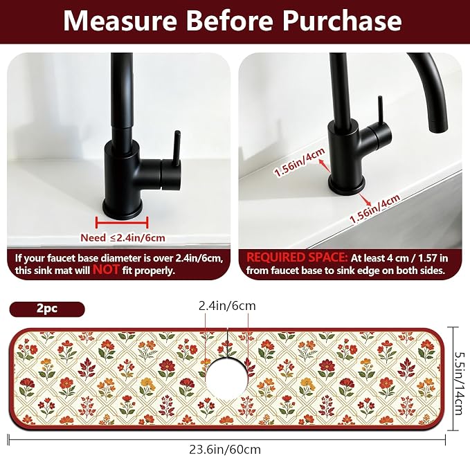 2 Pcs Kitchen Sink Splash Guard Faucet Mat Artistic Floral Design Faucet Mat - Image 2