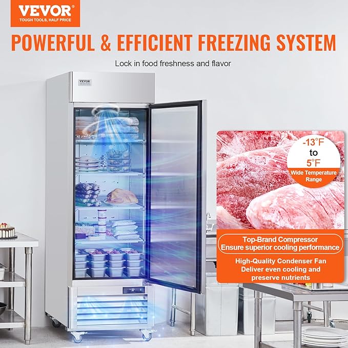 VEVOR Commercial Freezer 19.32 Cu.ft, Reach In 27" W Upright Freezer Single Door, Auto-Defrost Stainless Steel Reach-in Freezer with 4 Adjustable Shelves, -13 to 5℉ Temp Control, LED Light, 4 Wheels