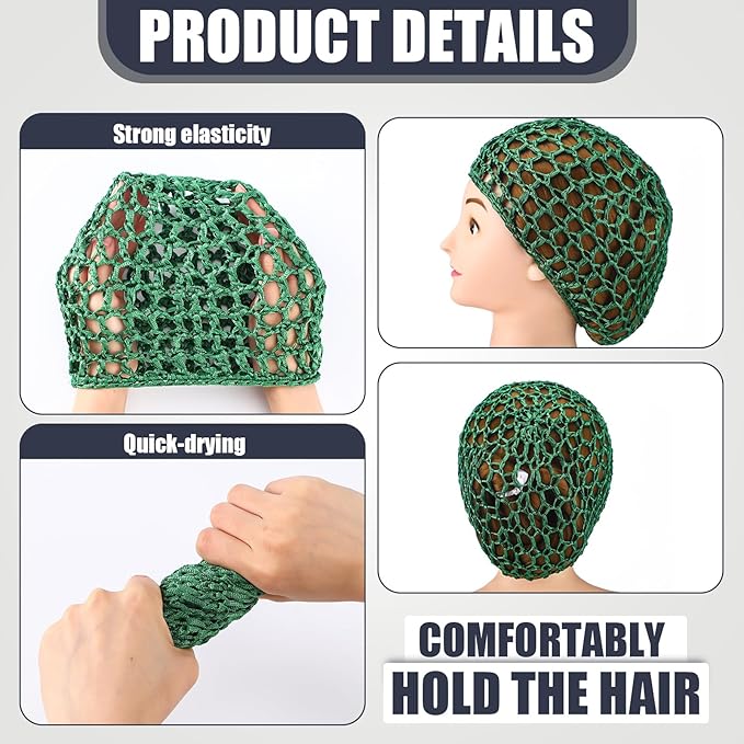 Geyoga 4 Pieces Mesh Crochet Hair Net Rayon Knit Snood Hat Thick Short Women Hairnet Snoods Cover Ornament for Sleeping(Black, Green, Pink, Beige)