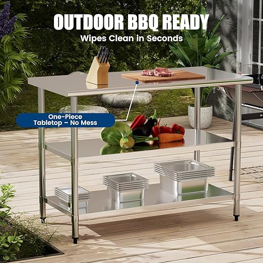Stainless Steel Work Table 24 x 60 Inch with 2 Adjustable Undershelves, Heavy-Duty Metal Prep Table for Commercial Kitchen & Restaurant, Garage, Outdoor