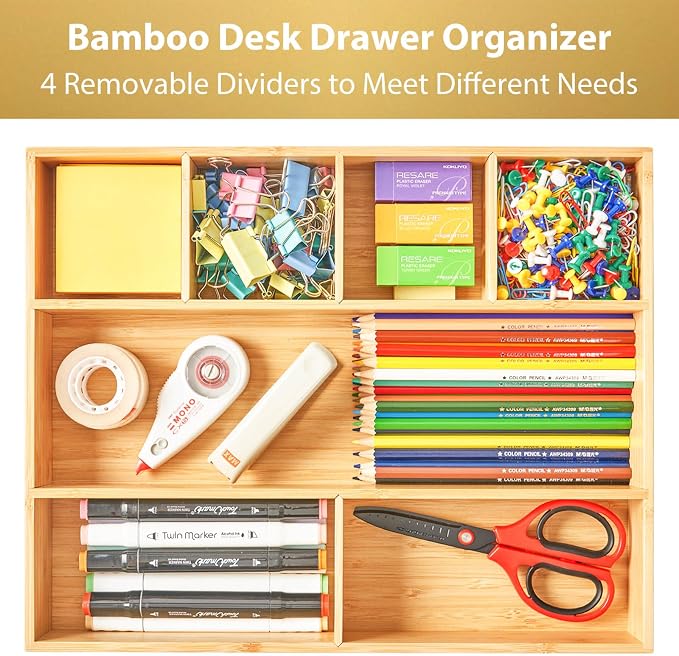 Large Bamboo Desk Drawer Organizer, Wood Office Junk Tray - Image 2