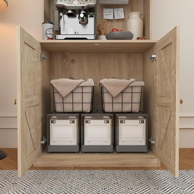 71" Farmhouse Kitchen Pantry Cabinet Set of 2, Tall Freestanding Storage Hutch with Glass Doors, Microwave Stand and Adjustable Shelves, Coffee Bar Cabinet for Kitchen or Living Room, Brown