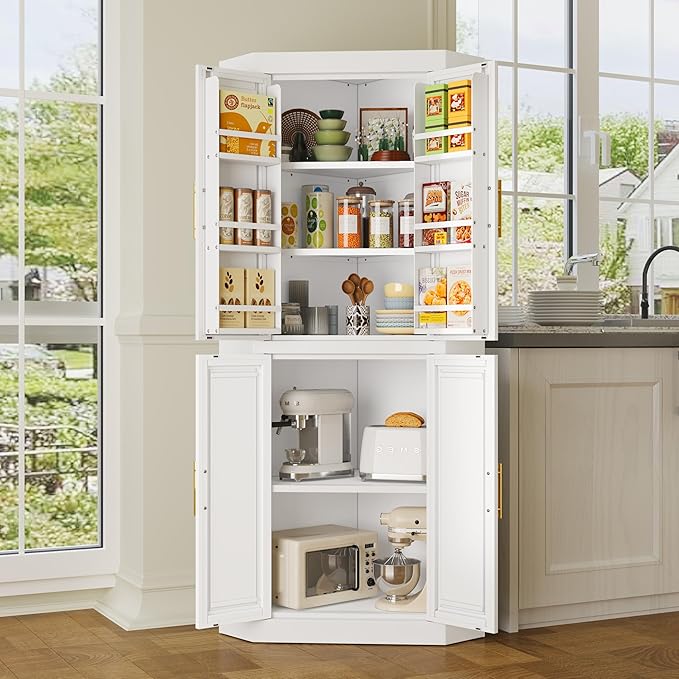63" Tall Metal Corner Kitchen Pantry Cabinet, Steel Storage Cabinets with 4 Doors and 3 Shelves, Kitchen Food Cabinets with 6 Door Panel Shelves, Farmhouse Cupboard for Kitchen Dining, White