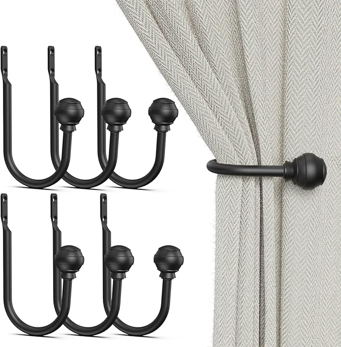 Hion Curtain Holdbacks Black 6pcs, Curtain Tiebacks Wall Mounted Hooks | by Hion