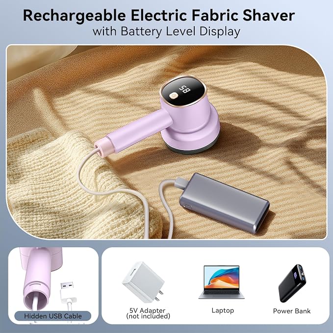 Rechargeable Fabric Shaver, 6-Leaf Blades, LED Display, 3 Speeds | Portable - Image 5