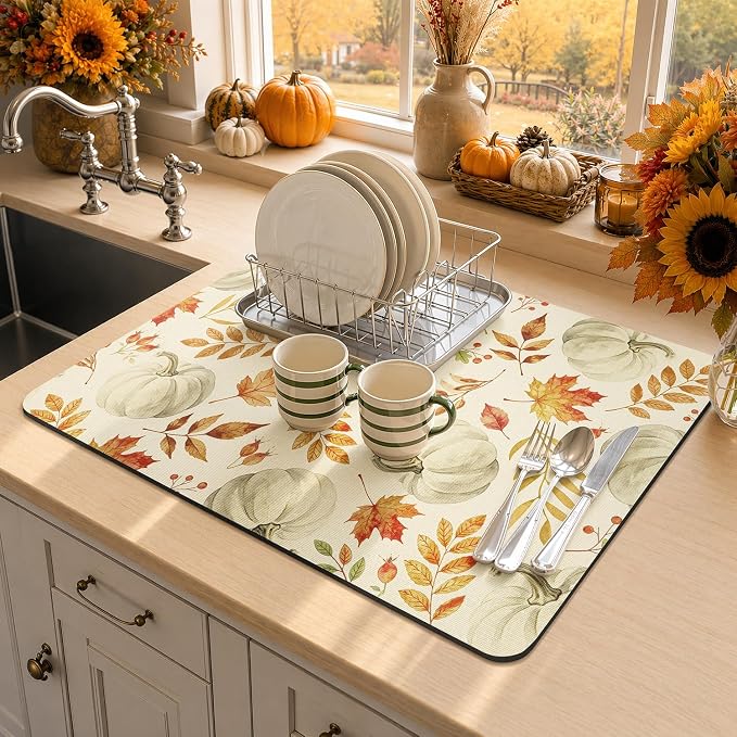 LOKHOM 12"x20" Fall Dish Drying Mat，Autumn Harvest White Pumpkin Leaves | - Image 9