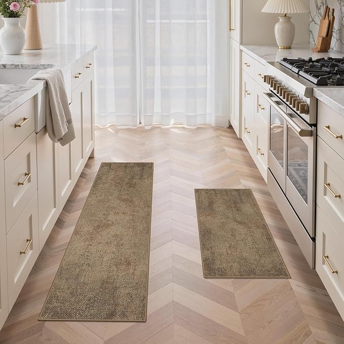 GENIMO Kitchen Mats for Floor 2PCS, Washable Absorbent Runner Rugs for Kitchen, 17.3"x59"+17.3"x30", Cushioned Non Slip Kitchen Rugs for Kitchen Floor,Standing Mat Rug for Home, Sink, Laundry, Jute