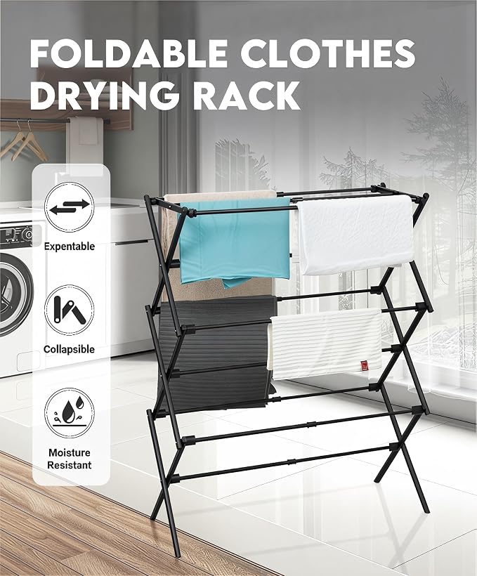 3-Tier Metal Folding Clothes Drying Rack, Laundry Drying Rack Clothing | - Image 2