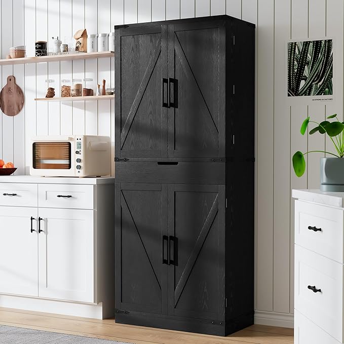 72" Tall Storage Cabinet, Kitchen Pantry Cabinet with Adjustable Shelves & Sturdy Steel Frame, Farmhouse Pantry Storage with 4 Barn Doors for Kitchen, Dining Room, and Living Room, Black