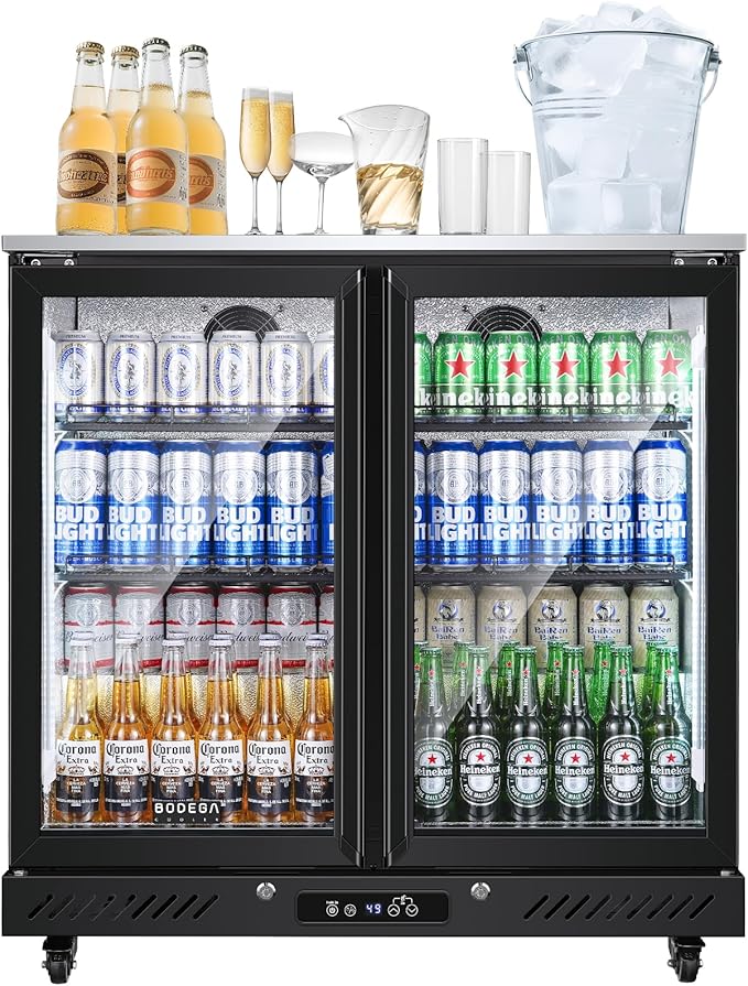 BODEGACOOLER Back Bar Cooler with 2 Glass Doors,7.7 Cu.ft Commercial Back Bar Beverage Refrigerator Counter Height,LED Lighting for Soda Drinks,Beer,Wine Stainless Steel Top,DOE Approved,4 Casters