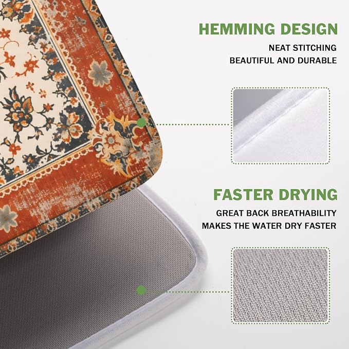 Giwawa Ethnic Boho Dish Drying Mat Rust Coral Floral Decorative Dishes Pad - Image 4