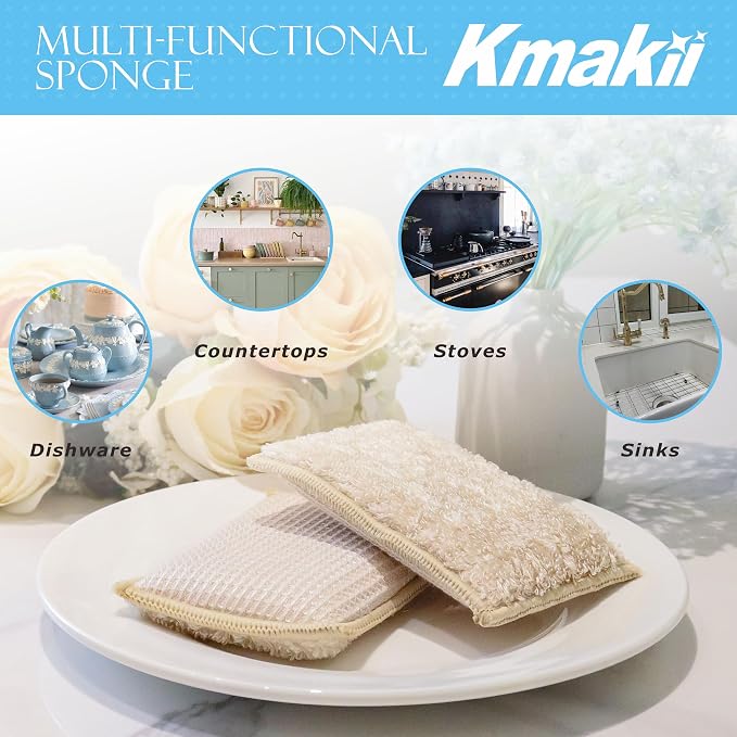 KMAKII Bamboo Kitchen Sponges Dish Sponges Natural Cleaning Sponges Beige 6 Pack - Image 4