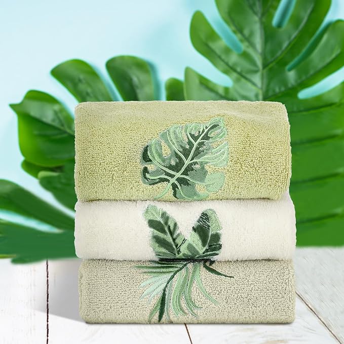 3 Pcs Sage Green Hand Towels Tropical Bathroom Kitchen Decor | Embroidered - Image 5