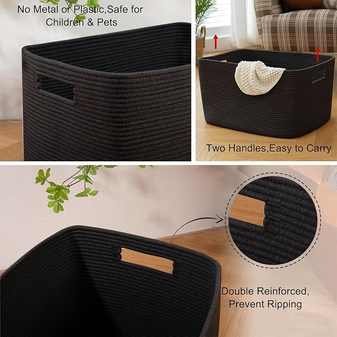 OIAHOMY 96L XXXLarge Blanket Basket Woven Cotton Rope Storage Basket Black - Image 5